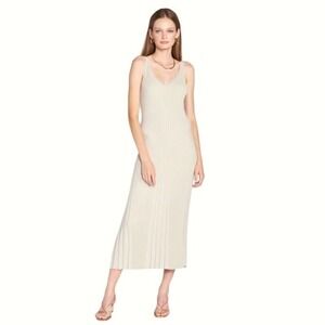 En Saison Sleeveless Ribbed‎ Knit Midi Dress M Beige V-Neck Neutral Sweaterdress